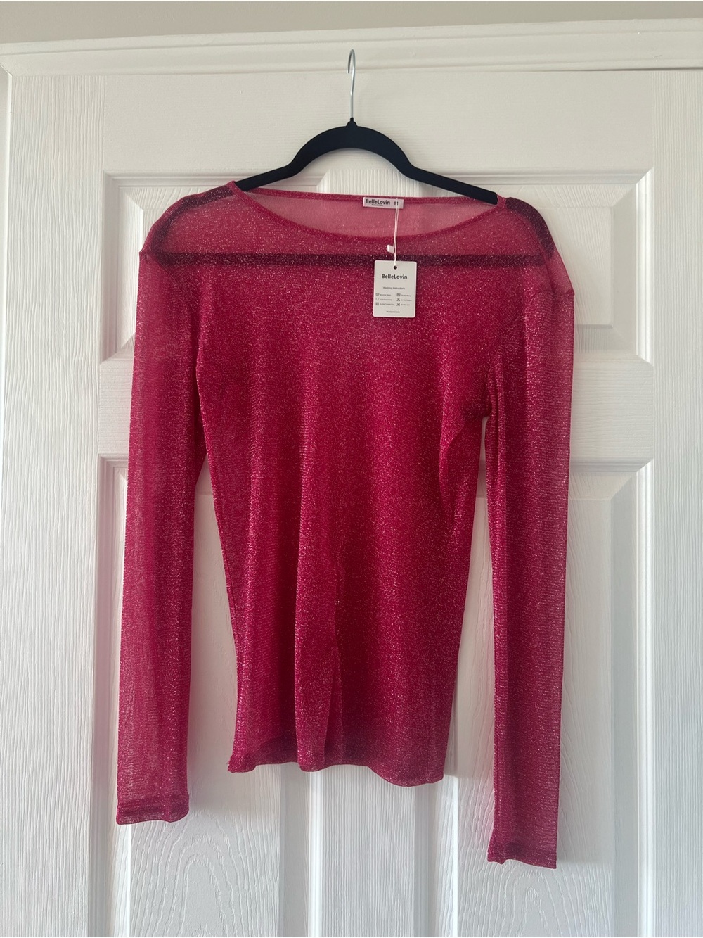 Sparkly Sheer Long-Sleeve Top in Shimmering Hot Pink